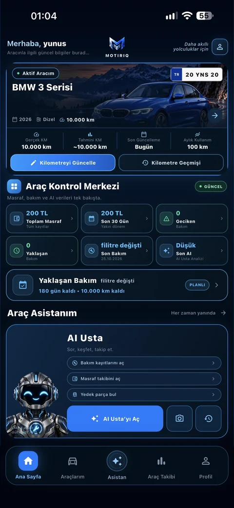 MOTIRIQ ana ekranında araç bilgileri, kilometre ve araç kontrol merkezi